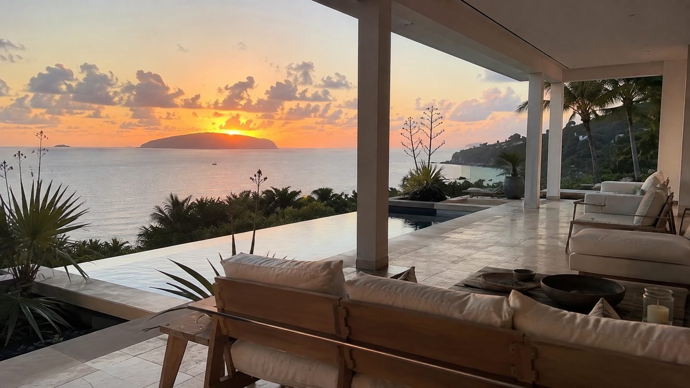 Terrasse d'une villa au coucher du soleil en Martinique