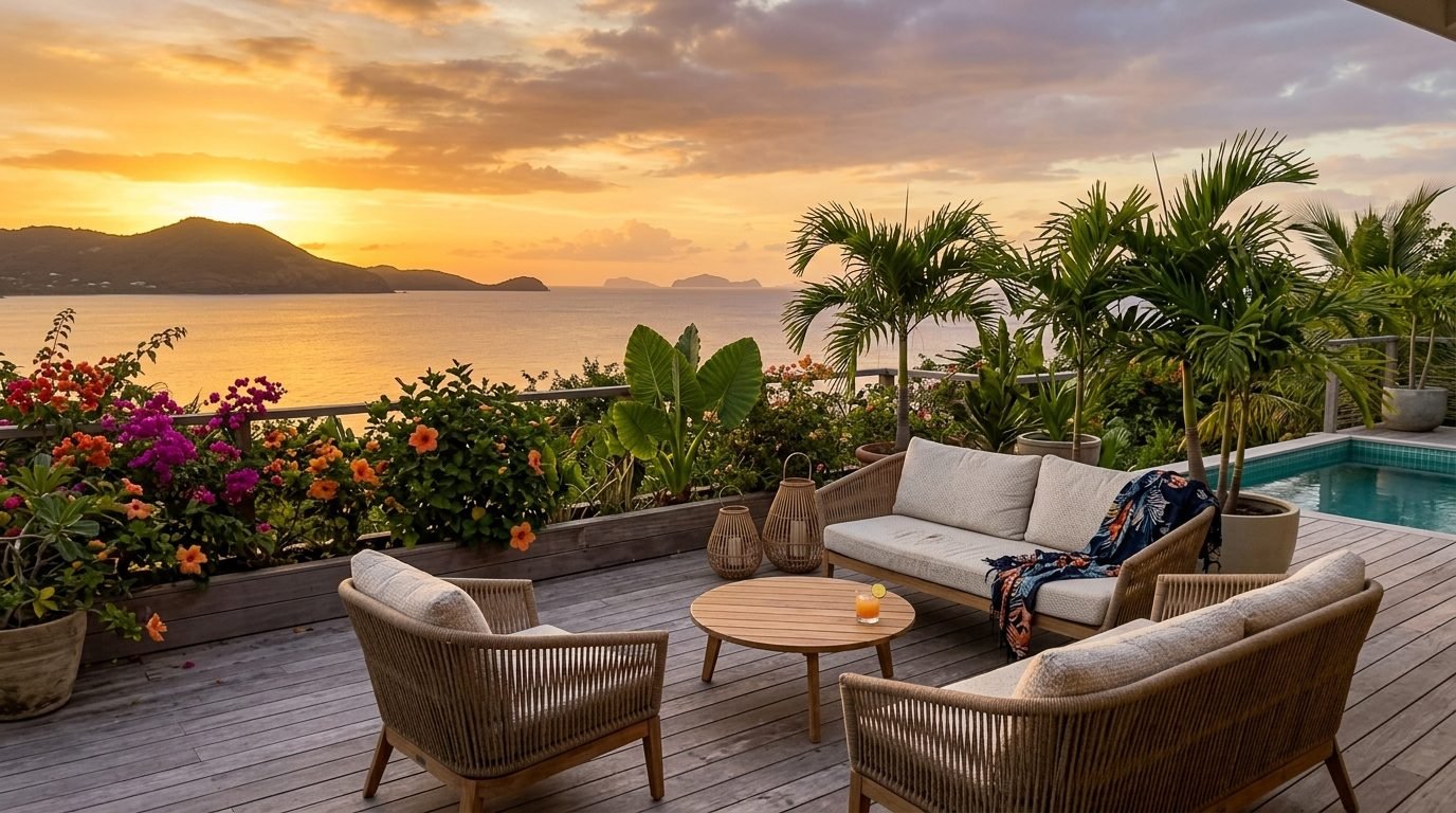 Terrasse fleurie au coucher du soleil, Martinique